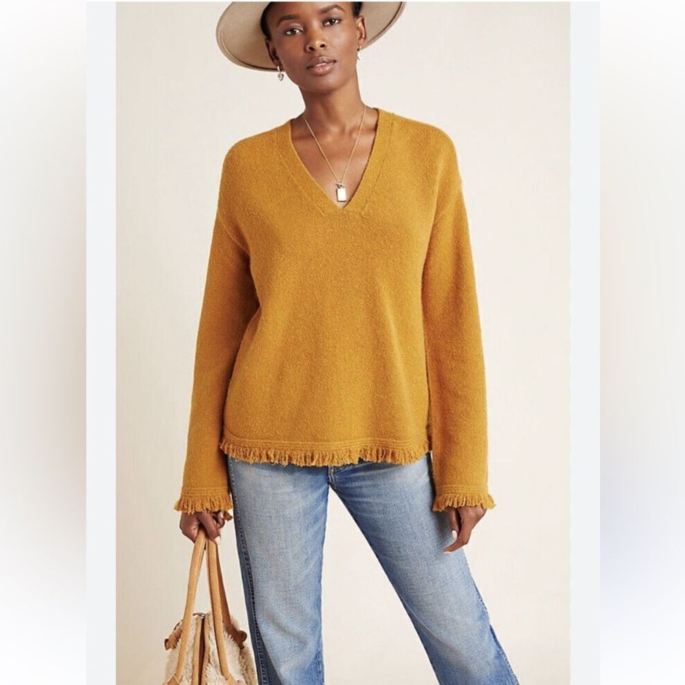 Anthropologie S Joy Mustard Soft Knit Fringe Hem V-Neck Jumper Sweater